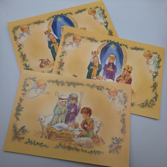 Vintage Religious Christmas Cards Set Of 3 Illustrated Nativity Scenes Blank 90s - Picture 1 of 8